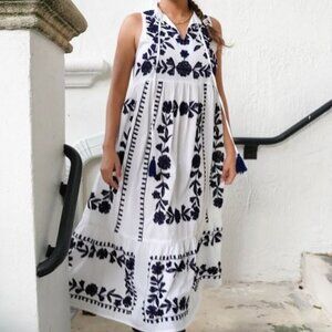 NWT DEBBIE KATZ Mila White Blue Embroidered Midi Dress-Cover-up Size M
